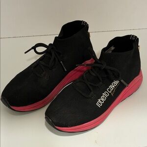 Roberto Cavalli Black Knit Pull on Sneakers with Pink Sole size 36